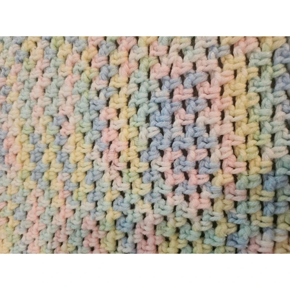 Handmade Crochet Baby Blanket Infant Pastel Multicolor Satin Trim Ruffle Trim
